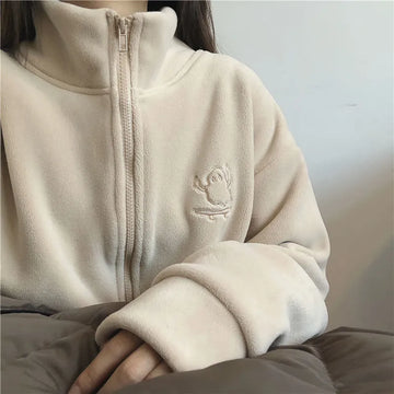 Getadme Y2k Women Embroidery Zip Up Hoodie Fleece Jacket Thick Warm Winter Plush Zipper Sweatshirt Outwear Hoodies Tops Clothes